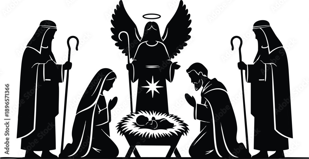 Fototapeta premium Black silhouette nativity scene with kneeling mary joseph angels and three shepherds around baby jesus in manger simple vector art with holy star and halo above angel