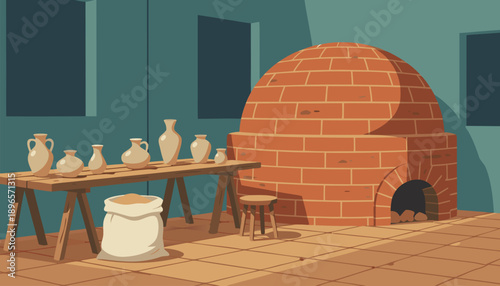 Traditional Pottery Workshop with Clay Oven and Handmade Vases.