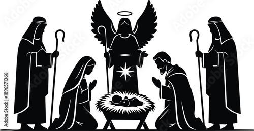Black silhouette nativity scene with kneeling mary joseph angels and three shepherds around baby jesus in manger simple vector art with holy star and halo above angel
