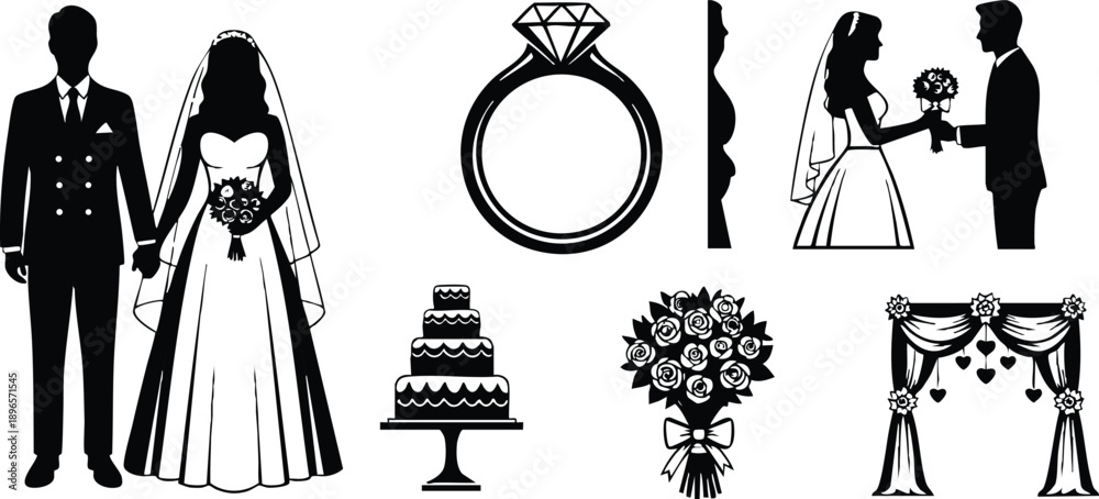 Naklejka premium Black and white wedding silhouette set including bride and groom holding hands with bouquet diamond ring cake bouquet and ceremony arch icons in vector style