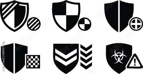 Vector icons set of shield symbols with checker patterns hazard alert and protective emblem designs in simple black silhouette style collection of security badges