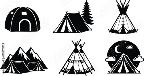 Black and white flat design set showing diverse tent styles including dome tipi and mountain campsite with pine tree and night sky elements for outdoor camping adventures