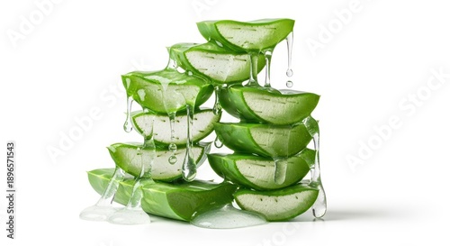 Fresh aloe vera slices with gel on white background