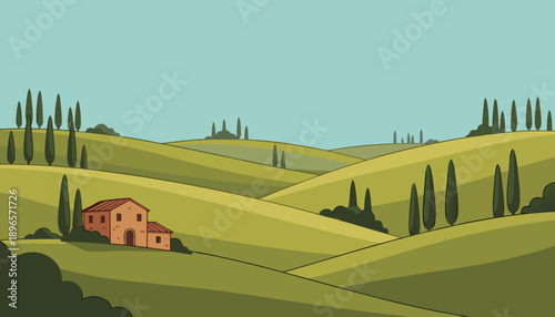 Tuscan landscape with rolling hills and a traditional farmhouse.