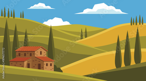 Tuscan Landscape with Villa and Cypress Trees.