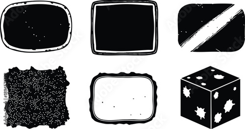 Grunge vector art set of six distressed label shapes and one perforated dice cube top view with rough edges and ink splatter texture black vintage isolated