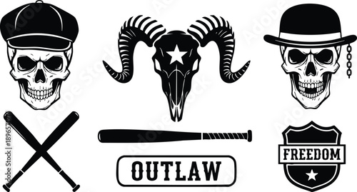 Black and white vector art of outlaw themed skulls with crossed bats ram skull with star symbol and freedom badge detailed illustration set with hats and chains