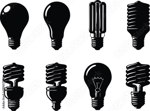 Black silhouette vector collection of various light bulb shapes including incandescent fluorescent and spiral energy saving bulbs isolated on white background