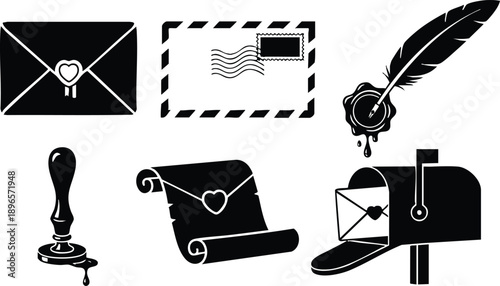 Black silhouette vintage mail icons with wax seal envelope quill pen scroll letter mailbox postal stamp vector set