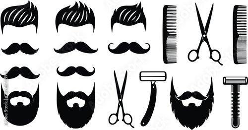 Black silhouette hairstyle and beard styles with grooming scissors razors and combs for male personal care and barber shop vector art collection