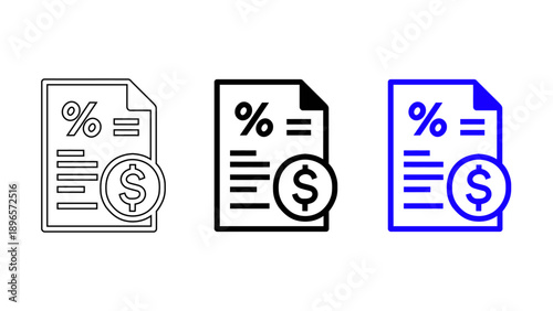 Financial tax document icon with percentage and dollar coin in outline, solid, and blue styles.
