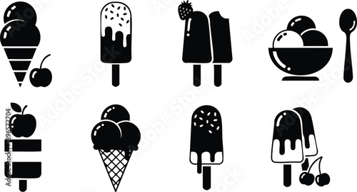 Minimalist black ice cream cone popsicle and bowl set icon collection with cherries apple and strawberry decoration isolated on white background vector art
