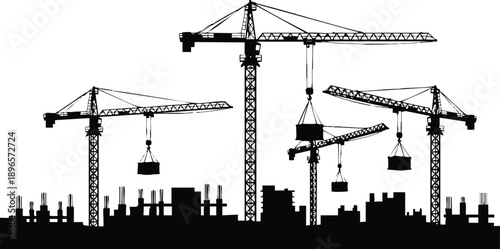 Silhouette of multiple tower cranes lifting heavy loads over various building structures at construction site in flat black vector art style with detailed outlines and industrial setting