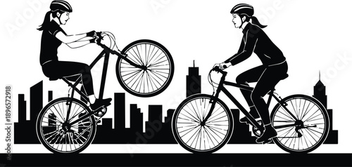 Black silhouette vector art showing two women cycling with helmets one doing a wheelie and the other riding calmly on city street urban skyline background active lifestyle illustration