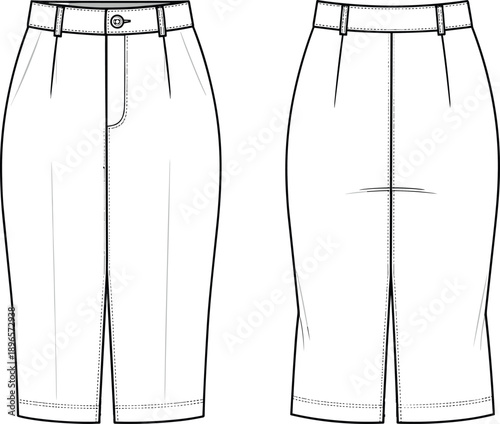 Pencil skirt sketch, waistband with belt loops, button closure, fly front, darts, slit hem, garment construction, clothing design, fashion apparel, flat vector illustration