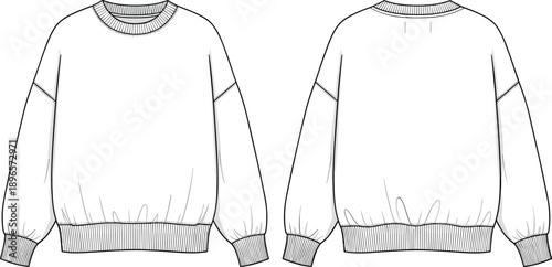 Sweatshirt sketch, crew neckline, ribbed cuffs, ribbed hem, dropped shoulders, long sleeves, casual apparel, garment construction, clothing design, fashion illustration, flat vector illustration