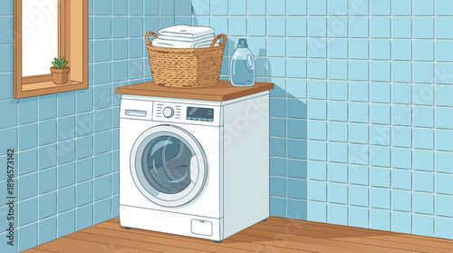 Washing Machine with Laundry Basket and Detergent.