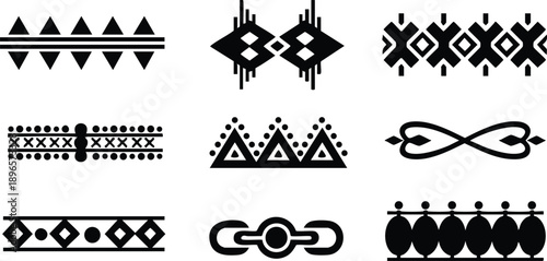 Black tribal style pattern set with rows of geometric symbols and shapes in minimalist vector art design for ornamental decoration and ethnic motifs