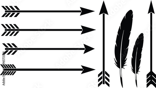 Black arrow feather set with four horizontal arrows and two vertical arrows alongside two detailed feathers silhouette in vector art design