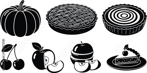 Vector art of pumpkin cherry apple and apple slice pie and tart desserts with cherry decoration on plate isolated on white background black silhouette style