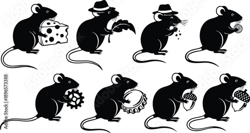 Silhouette vector art of playful rats holding cheese feather seeds candy gear bottle cap and acorn in various poses with hat and without on white background