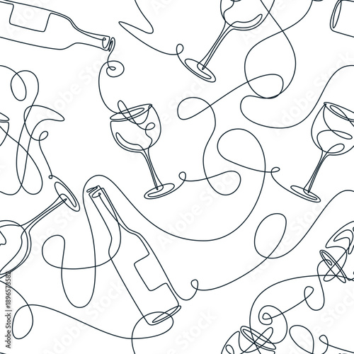 Vector seamless pattern with hand drawn continuous line wine bottles and glasses. Bar menu, fabric, textile print designVector seamless pattern with hand drawn continuous line wine bottles and glasses