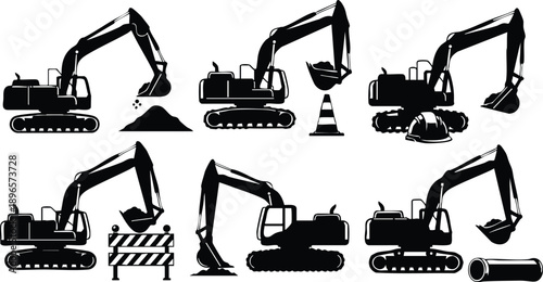 Silhouette vector art of excavators in different digging and lifting positions with construction barriers cones helmet and pipe elements in black design