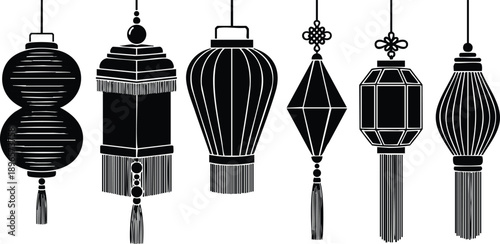 Black silhouette set of six traditional hanging lanterns with tassels various geometric shapes and ornamental details isolated on white background elegant decorative vector art illustration