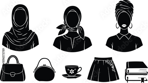 Silhouette vector icons of diverse women with headscarves turban stylish handbags floral skirt cup books stack minimalist design elements