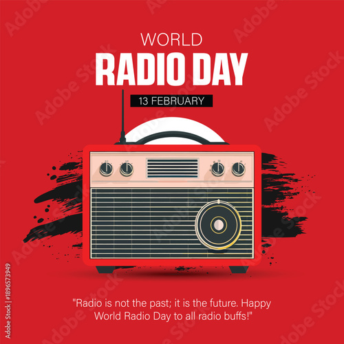 world radio day poster with vintage red radio illustration on bold red background, retro broadcasting concept, global communication celebration on february 13, flat vector design