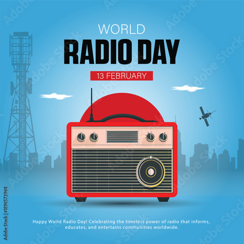 world radio day poster with vintage red radio illustration, global broadcasting celebration on february 13, flat vector design with city skyline and communication theme