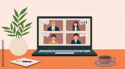 Online business meeting on laptop screen with team video call vector illustration.