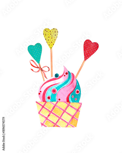 Cake with hearts. Watercolor illustration, postcard.