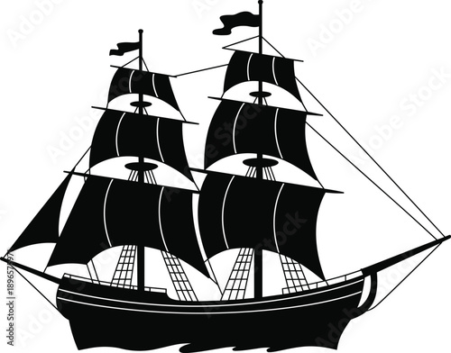 Konstfotografi Vintage sailing ship silhouette, black tall ship vector, historic pirate vessel icon, nautical maritime transport, old wooden schooner graphic, isolated illustration