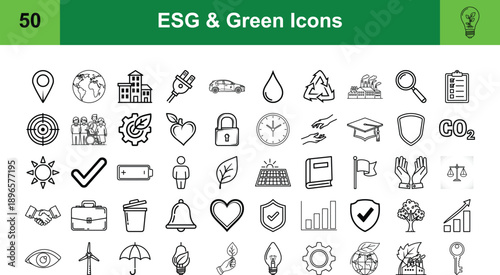ESG and Green Energy Line Art Icons Set Vector Illustration for Sustainability, Environmental Protection, and Corporate Governance Concepts