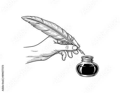 Hand holding quill pen and ink bottle sketch for vintage writing themes