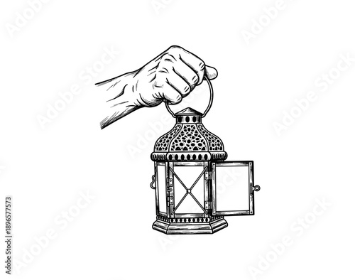 Vintage hand holding lantern with intricate design and open door in black and white art