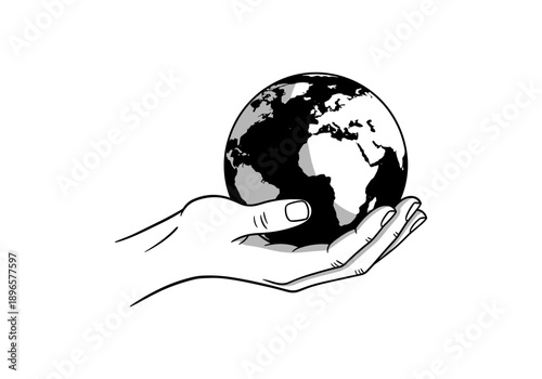 Hand holding earth: black and white line art of global unity and care