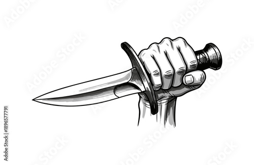 Detailed monochrome hand holding dagger in vintage sketch style