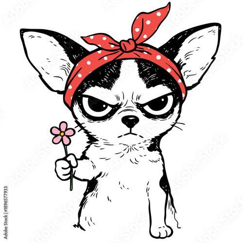Funny angry chihuahua dog illustration wearing a scarf and holding a flower on transparent background for pet-themed designs.