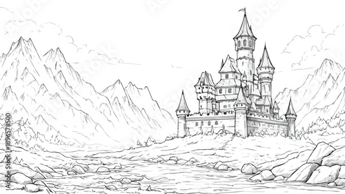 Enchanting Fantasy Castle Cartoon Landscape Vector Illustration