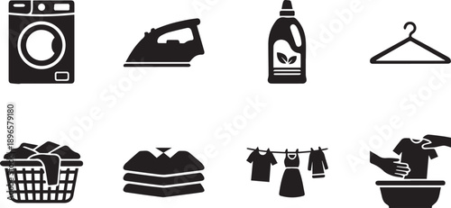 Laundry Icons Set, Washing Machine Symbol, Iron Silhouette, Detergent Bottle, Clothes Hanger, Laundry Basket, Folded Clothes, Drying Line, Hand Wash Sign, Minimal Flat Design
