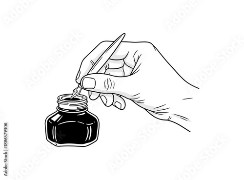 Elegant line art of hand dipping pen into ink bottle for creative projects