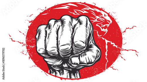 Dynamic Fist Punch Poster with Aggressive Hand Emblem Vector
