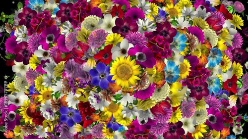 A variety of flowers species appearing and blossoming until they fill up the entire frame. Includes luma matte for using as a transition.