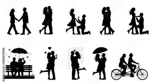 Couple in various romantic poses and activities together, enjoying life's moments, silhouetted against a plain background.