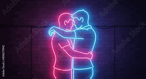 Couple embracing, outlined in neon lights, against a dark wall, viewed from the front