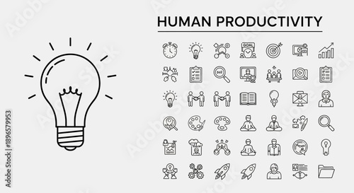 Collection of simple line icons representing human productivity with a prominent lightbulb symbolizing ideas