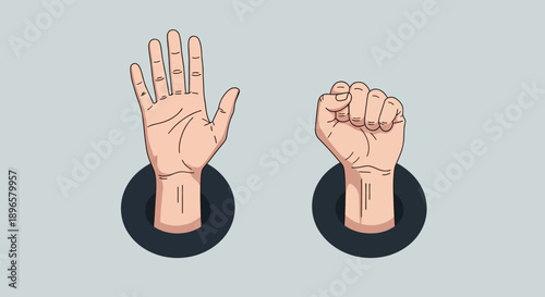 Hands pressing buttons with fingers and fist in a graphic illustration