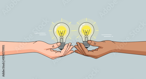 Two hands exchanging lightbulb ideas in a collaborative gesture